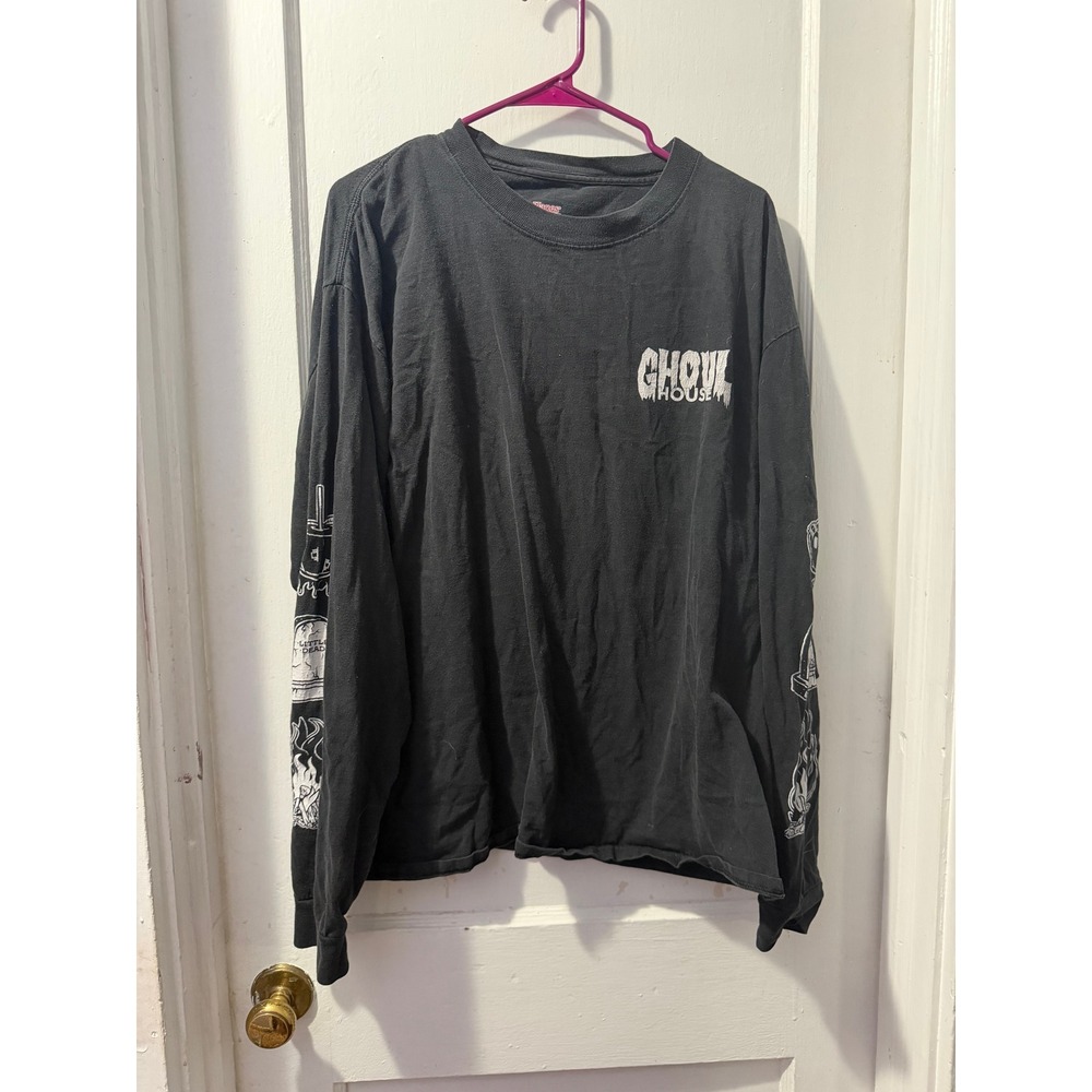 Hanes Ghoul House Graphic Tee Black Long Sleeve Cotton T-Shirt Mens XL